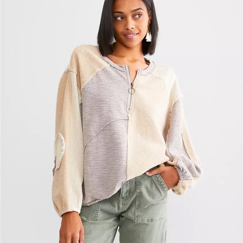 Pol Oversized Quarter Zip Pieced Patchwork Beige … - image 1